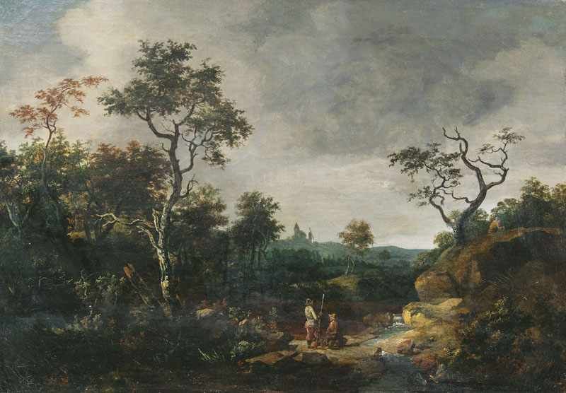 Jacob Isaacsz. van Ruisdael (Haarlem 1628 - Haarlem 1682) Waldlandschaft mit Kirche und Mühle Öl/