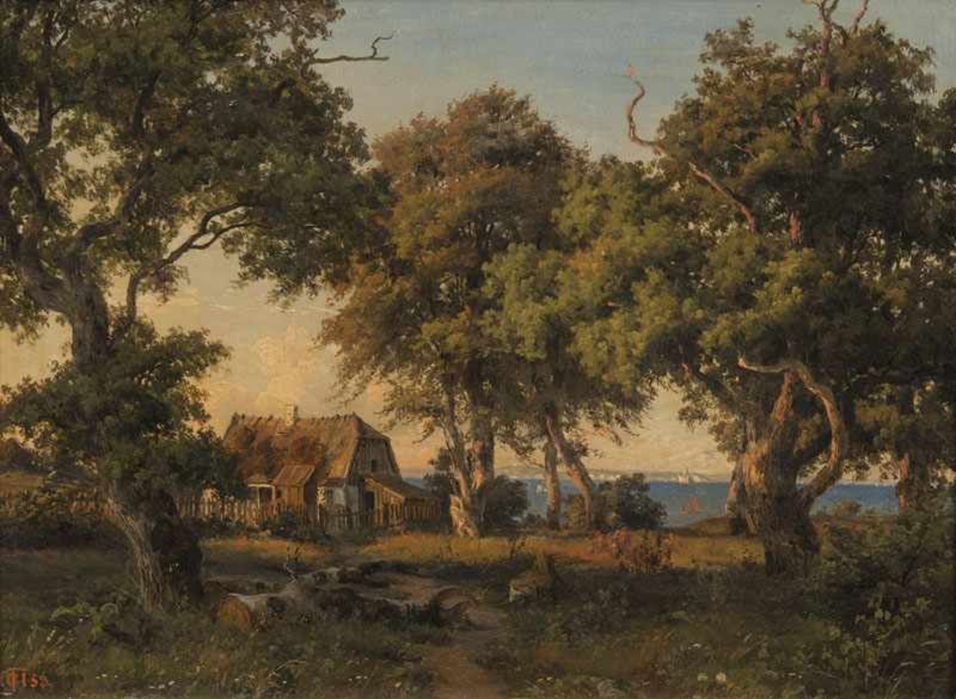Carsten Henrichsen (Kopenhagen 1824 - Kopenhagen 1897) Haus unter Bäumen an der Ostsee Öl/Karton,