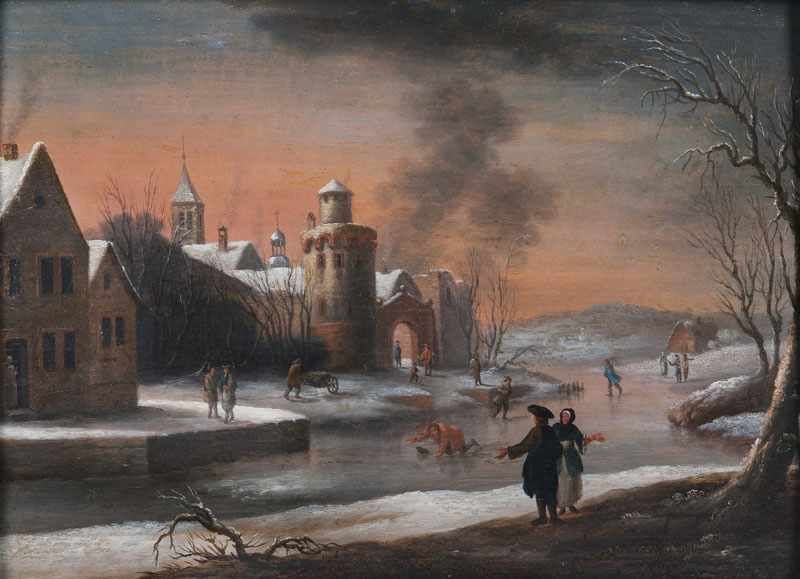 Pieter van Bredael (Antwerpen 1629 - Antwerpen 1719), zugeschr. Winterlandschaft Öl/Holz, 22,5 x