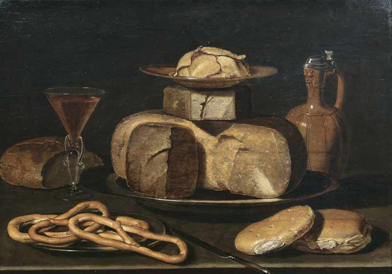 Clara Peeters (Antwerpen um 1589 - um 1655) Stilleben mit Käse, Krug, Brezeln, Brot und Wein Um