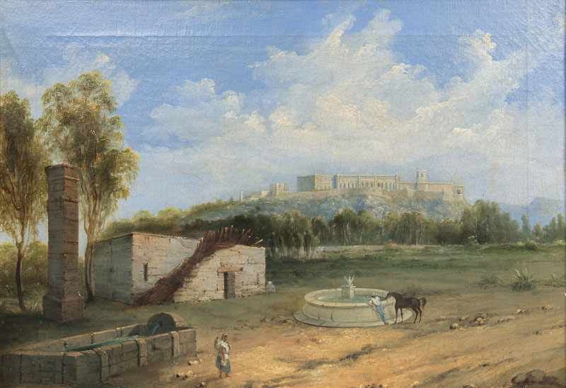 Manuel Serrano (1814 - 1883) Mexikanische Landschaft mit Palast Öl/Lw., 32,5 x 46 cm, r. u. sign.