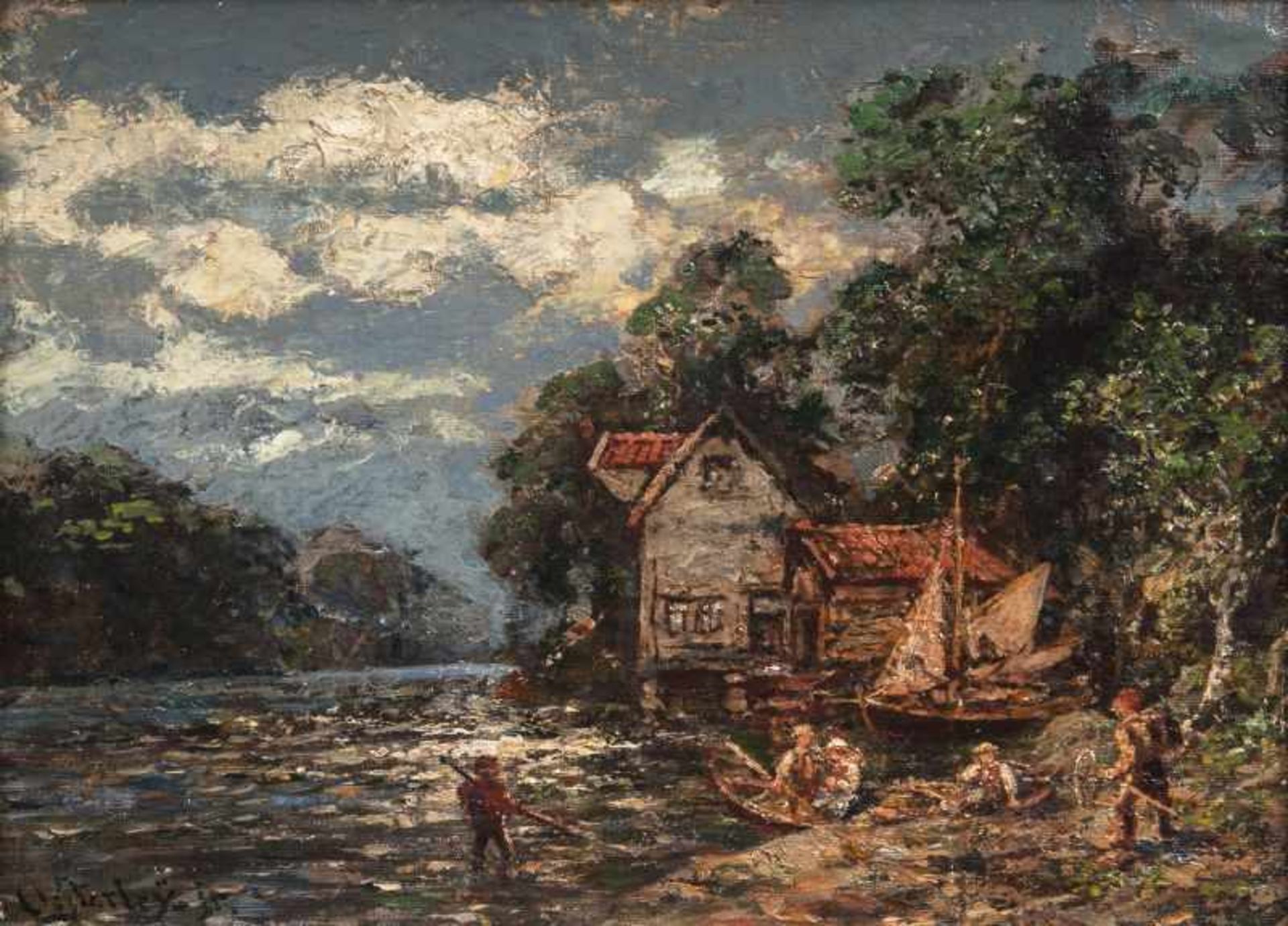 Carl Oesterley jr. (Göttingen 1839 - Blankenese 1930) Fischer am Fluß Öl/Lw./Karton, 28 x 38,5 cm,