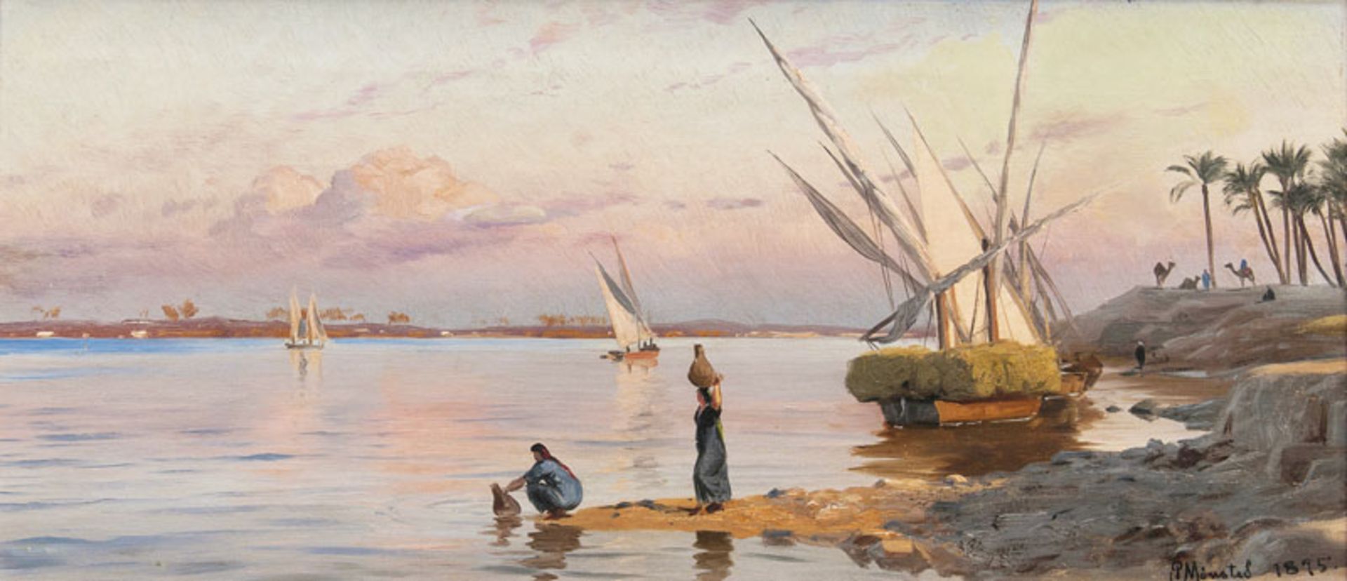 Peder Mönsted (Grenaa 1859 - Fredensborg 1941) Abend am Nil Öl/Lw., 27,5 x 58 cm, r. u. sign. u.