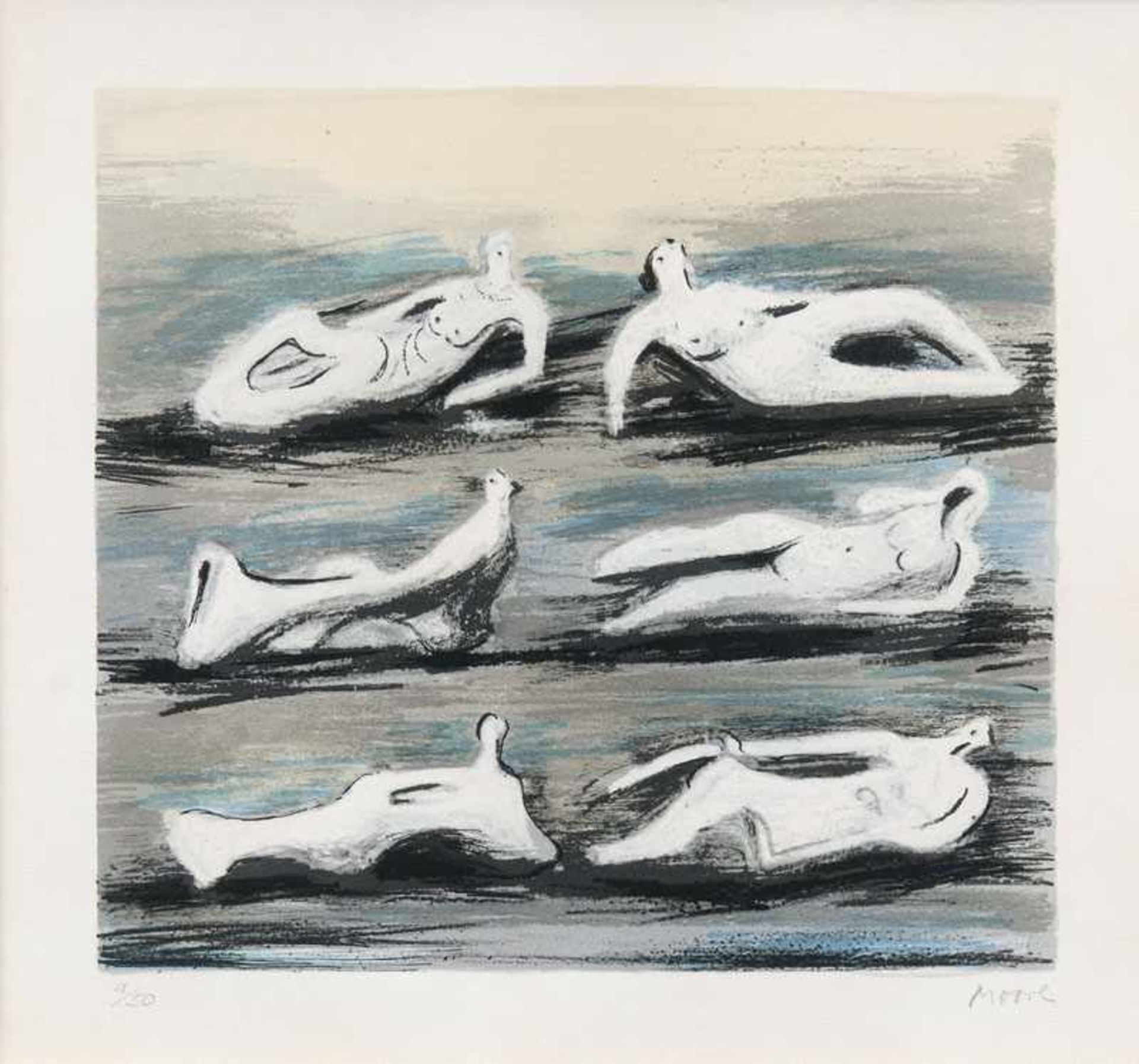 Henry Moore (Castleford 1898 - Much Hadham 1986) Six reclining Figures with blue Background 1980,