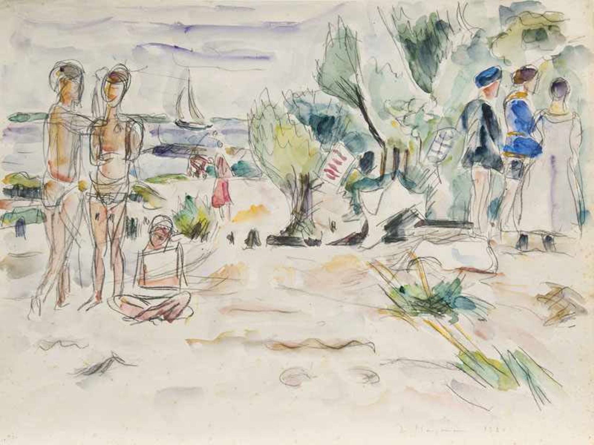 Ivo Hauptmann (Erkner 1886 - Hamburg 1973) Badende am Strand Aquarell, 46 x 60 cm, r. u. sign. u.