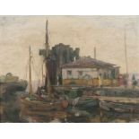 Emil Leonhard Smidt (Hamburg 1878 - Hamburg 1954) Blankenese, Dampferbrücke Öl/Holz, 29 x 37 cm,
