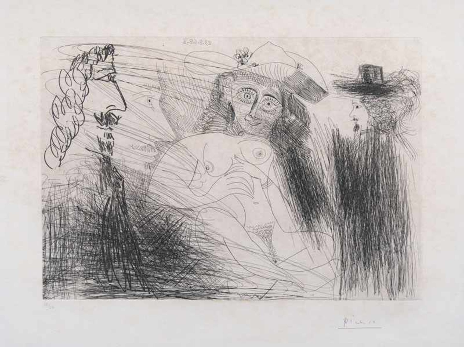Pablo Picasso (Malaga 1881 - Mougins 1973) Peintre, modèle au chapeau de paille Radierung, 28 x 39