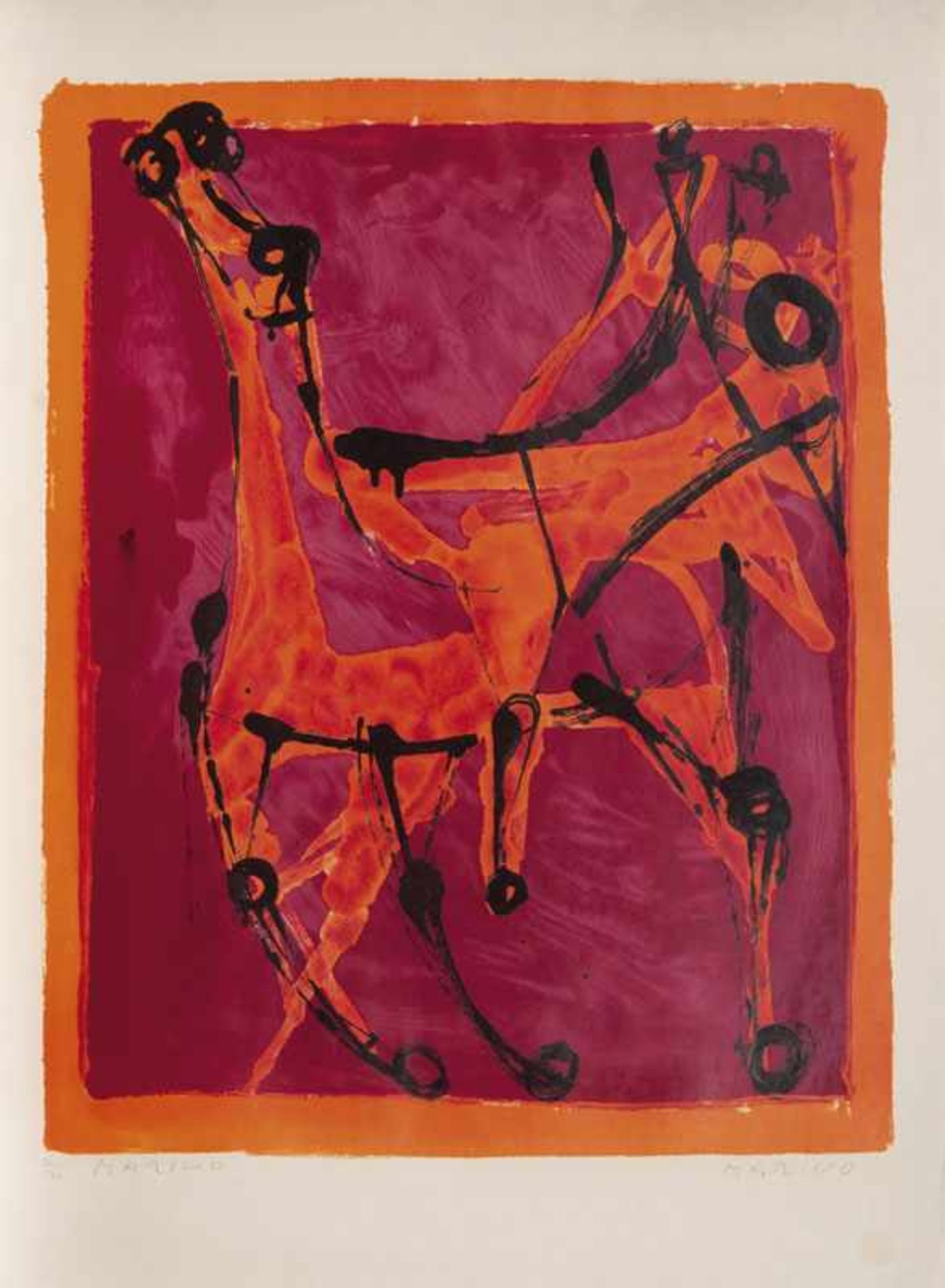 Marino Marini (Pistoia 1901 - Viareggio 1980) Chevalier fond rouge, bordure orange Farblithographie,