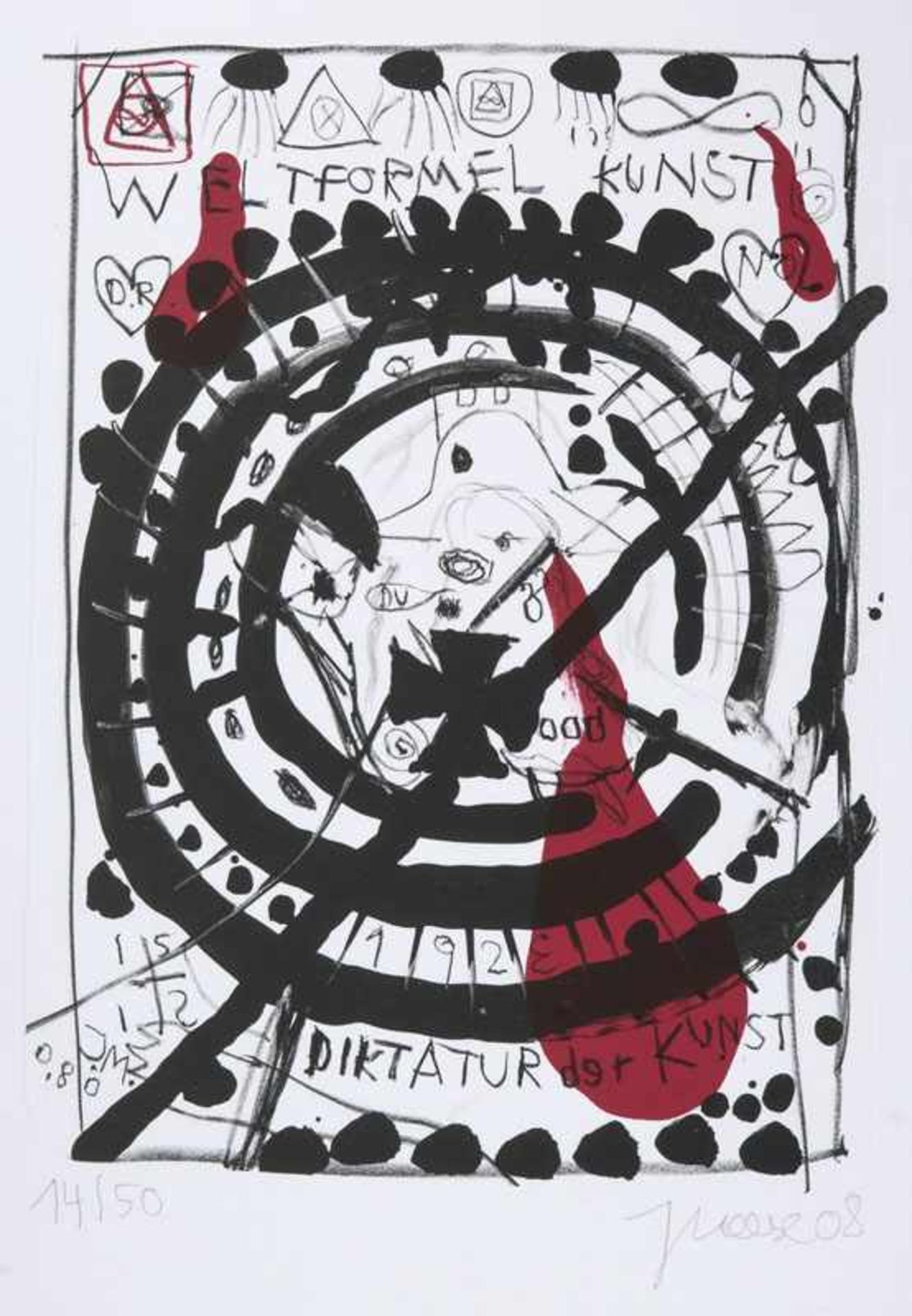 Jonathan Meese (Tokio 1970) Weltformel Kunst Farblithographie, 43 x 32,5 cm, r. u. mit Bleistift