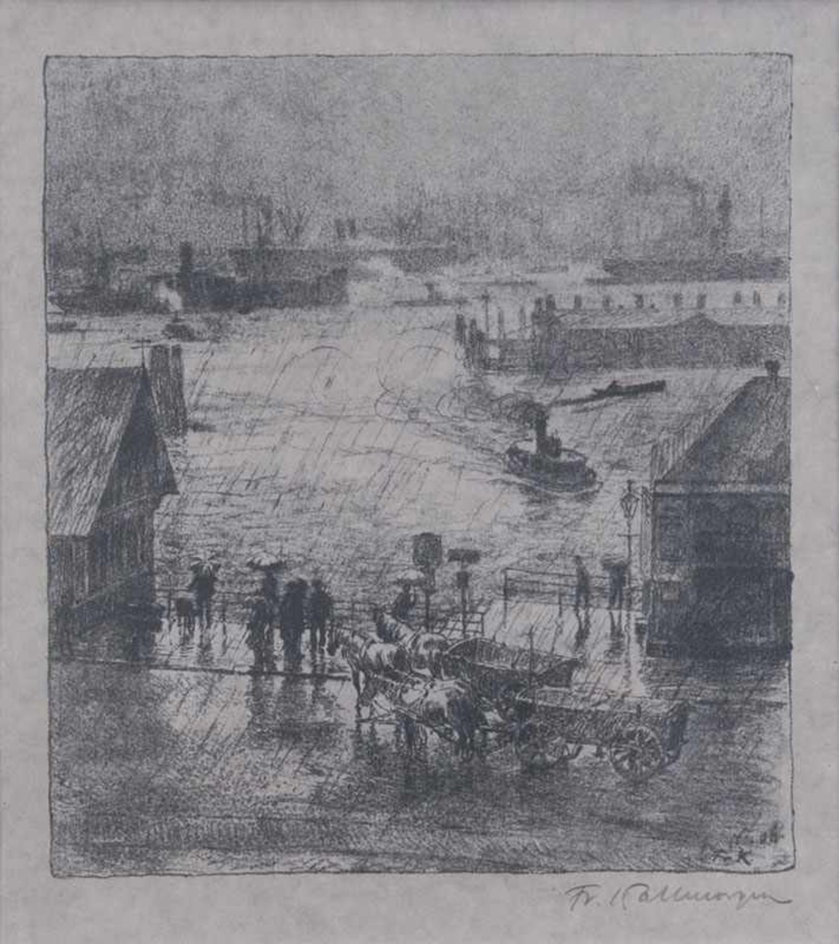 Friedrich Kallmorgen (Altona 1856 - Grötzingen 1924) Regentag in Hamburg Lithographie, 23 x 20,5 cm,