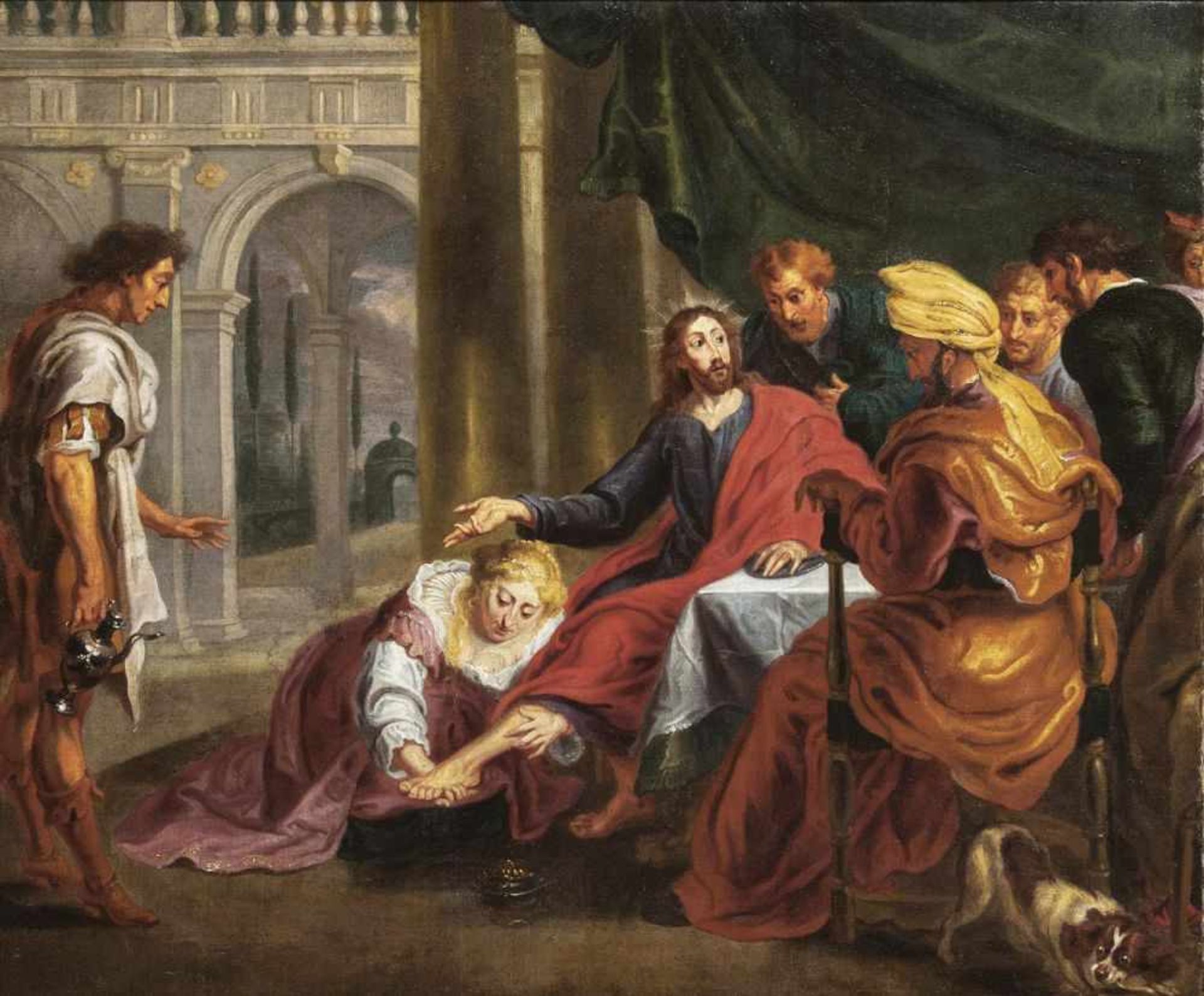 Flämischer Meistertätig Mitte 17. Jh.Magdalena wäscht die Füße ChristiÖl/Lw., 102,5 x 117 cm, etw.