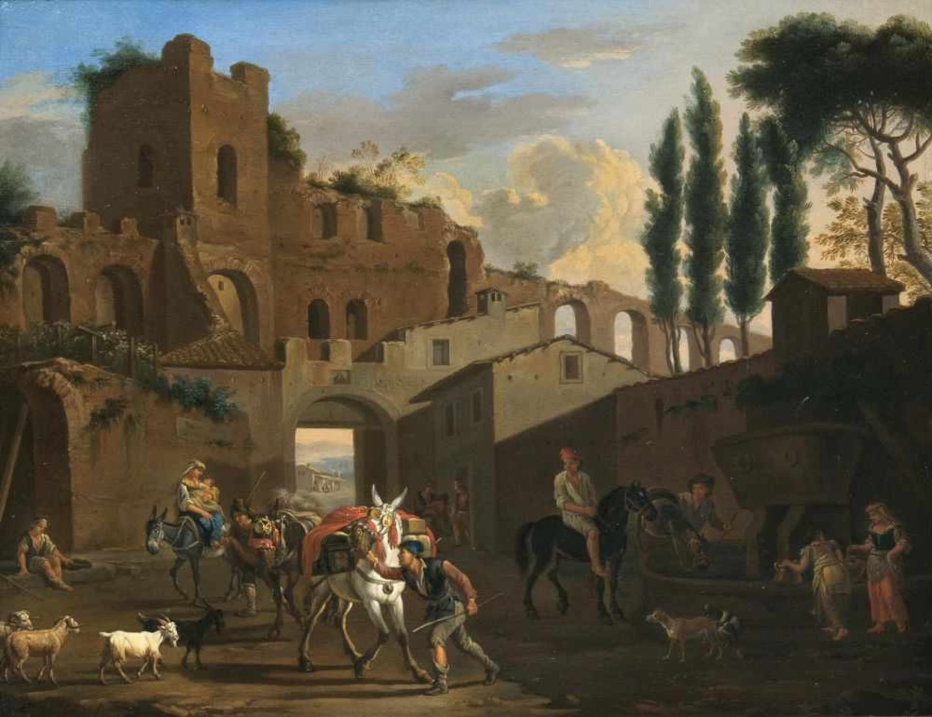 Jacob de Heusch(Utrecht 1657 - Amsterdam 1701)Ruinenlandschaft mit Reitern und PacktierenÖl/Holz,