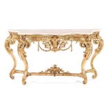 A FRENCH GILTWOOD AND MARBLE-TOPPED CONSOLE TABLE, 19TH CENTURY the grey-veined marble top above