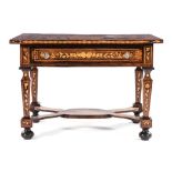 A DUTCH MARQUETRY INLAID TABLE the rectangular top with foliate and bird design above a long