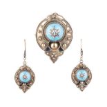 A TURQUOISE ENAMEL BROOCH AND EARRING SET the turquoise enamel cabochons surrounded by twisted