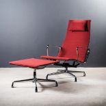 AN ALUMINIUM GROUP ARMCHAIR (EA124) AND STOOL (EA125) DESIGNED IN THE MID 1950s BY CHARLES AND RAY