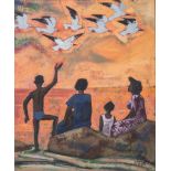 Peter Clarke (South African 1929-2014) PEOPLE AND GULLS signed and dated 2.5.1973; inscribed with '
