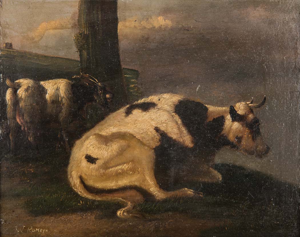 Willem Romeyn (Dutch 1624-1697) RESTING COW signed oil on board 20,5 by 26cm The Dutch School