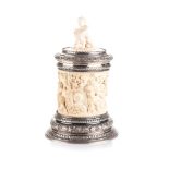 A GERMAN .800 STANDARD SILVER AND IVORY MOUNTED LIDDED TOBACCO JAR,, EDUOARD FOEHR (1835 - 1904) NOT