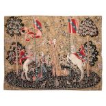 A REPRODUCTION FLEMISH TAPESTRY 'THE LADY AND THE UNICORN', DE SMAAK 133,5 by 182cm This piece is