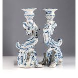 A PAIR OF BLUE AND WHITE GOTHIC STYLE CANDLEHOLDERS, POSSIBLY DELFT, 20TH CENTURY each in the