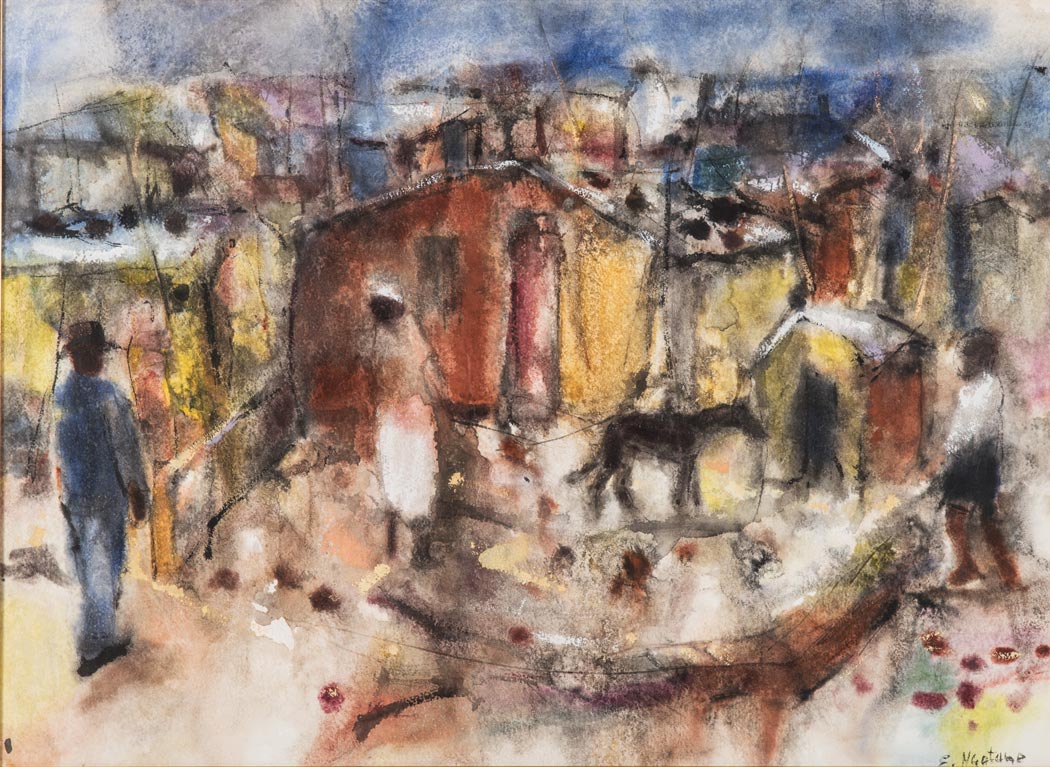 Ephraim Mojalefa Ngatane (South African 1938-1971) TOWNSHIP SCENE signed mixed media on paper 53