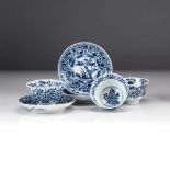A SET OF THREE CHINESE BLUE AND WHITE TEA BOWLS AND SAUCERS, QING DYNASTY, KANGXI, 1662 – 1722