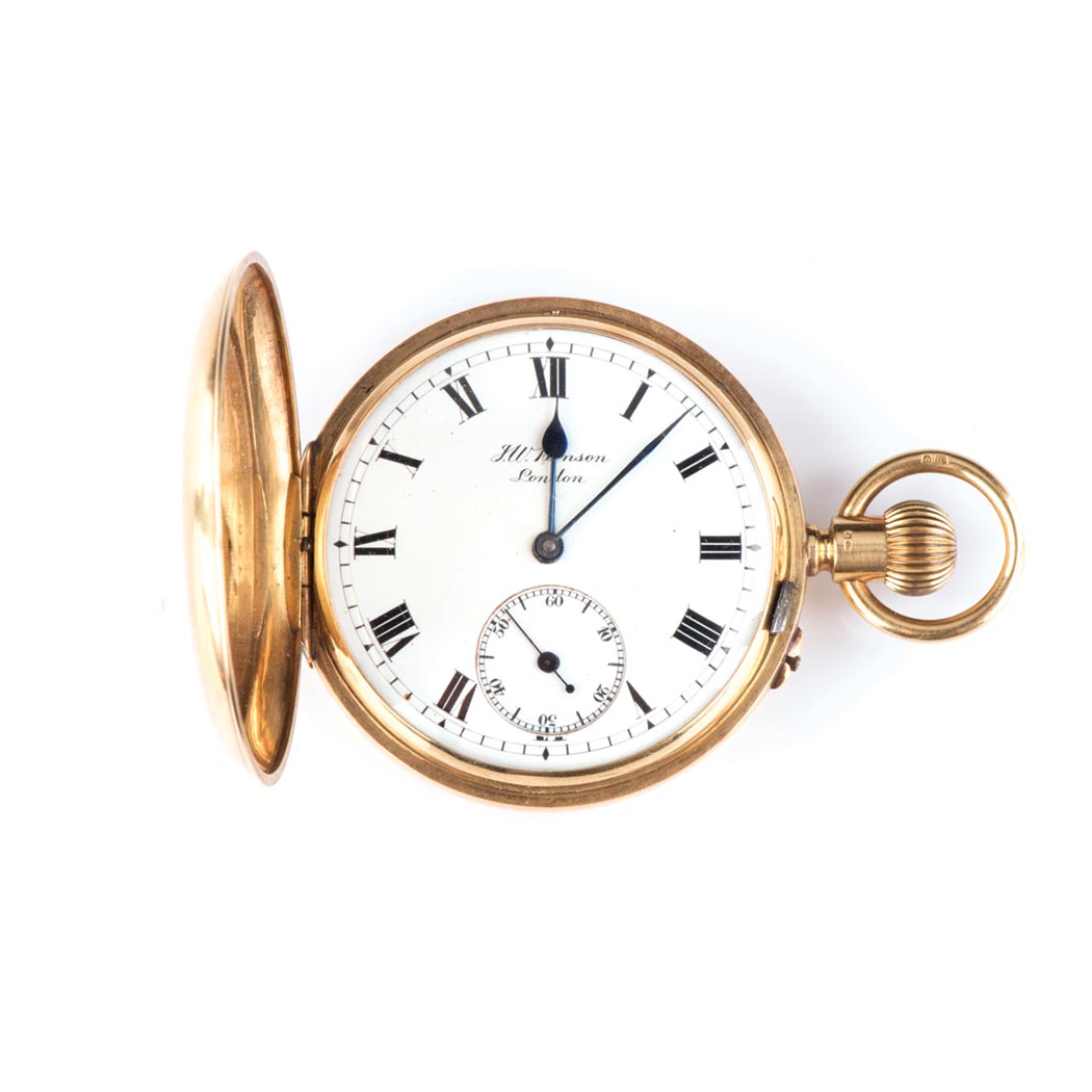 AN 18K YELLOW GOLD HUNTING CASED POCKET WATCH, J. W. BENSON, LONDON the white enamelled dial with