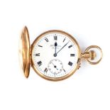 AN 18K YELLOW GOLD HUNTING CASED POCKET WATCH, J. W. BENSON, LONDON the white enamelled dial with
