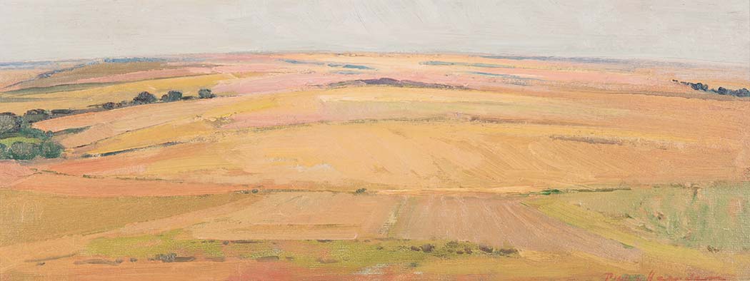 Piet van Heerden (South African 1917-1991) OVERBERG FARMLANDS signed oil on board 22 by 59cm