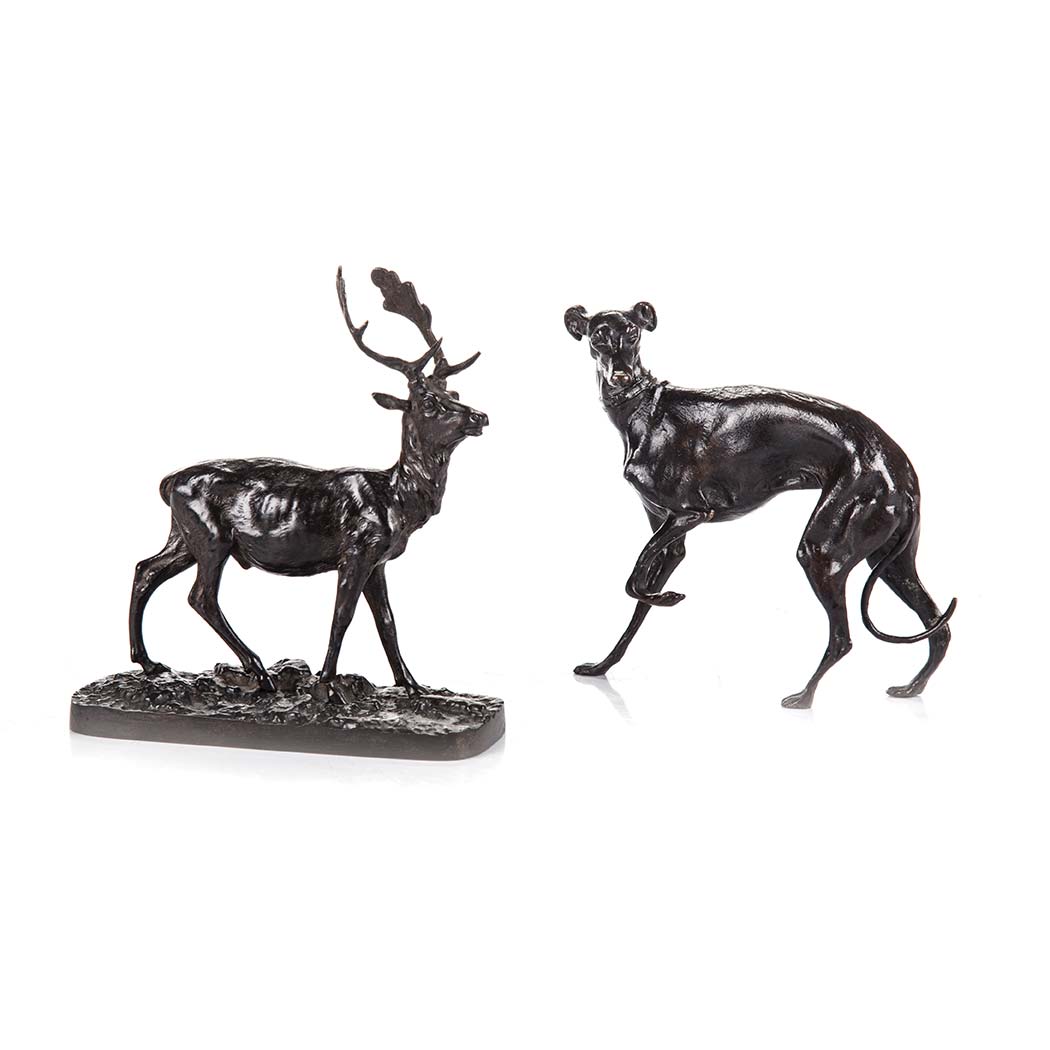 TWO BRONZE SCULPTURES one an elk on a plinth base, the other a whippet, stamped depose to the
