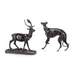 TWO BRONZE SCULPTURES one an elk on a plinth base, the other a whippet, stamped depose to the