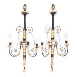 A PAIR OF TWO-LIGHT EBONISED AND GILTWOOD WALL SCONCES