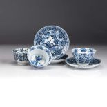 A SET OF THREE CHINESE BLUE AND WHITE TEA BOWLS AND SAUCERS, QING DYNASTY, KANGXI, 1662 – 1722
