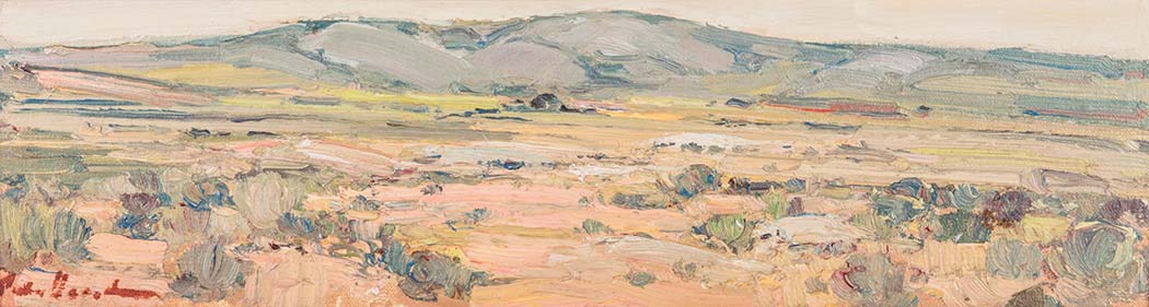 Piet van Heerden (South African 1917-1991) BUSHVELD LANDSCAPE signed oil on board 10,5 by 39,5cm