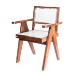 A TEAK EASY ARMCHAIR DESIGNED BY PIERRE JEANNERET, CIRCA 1960 the rawhide back and seat within a