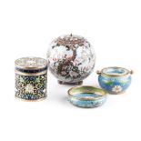 A MISCELLANEOUS COLLECTION OF CLOISONNE comprising a globular jar, a cylindrical jar, an ashtray and