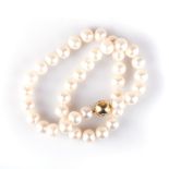 A STRAND OF SOUTH SEA PEARLS the 9mm cream pearls on a ball clasp gypsy set with four round