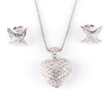 A DIAMOND PENDANT AND EARRING SET the pave set domed heart on a popcorn chain is accompanied by a