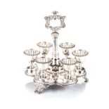 A GEORGE IV SIX-EGG CUP SILVER CRUET, MAKER'S MARK RUBBED, LONDON, 1826 the stand of rounded