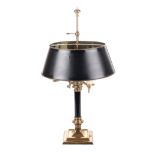A BRASS DESK LAMP triple light fitting on c-scroll shaped supports, cylindrical black column on a