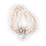 A PEARL, DIAMOND AND SAPPHIRE NECKLACE AND BRACELET, EN SUITE the two strand pearl neckpiece is