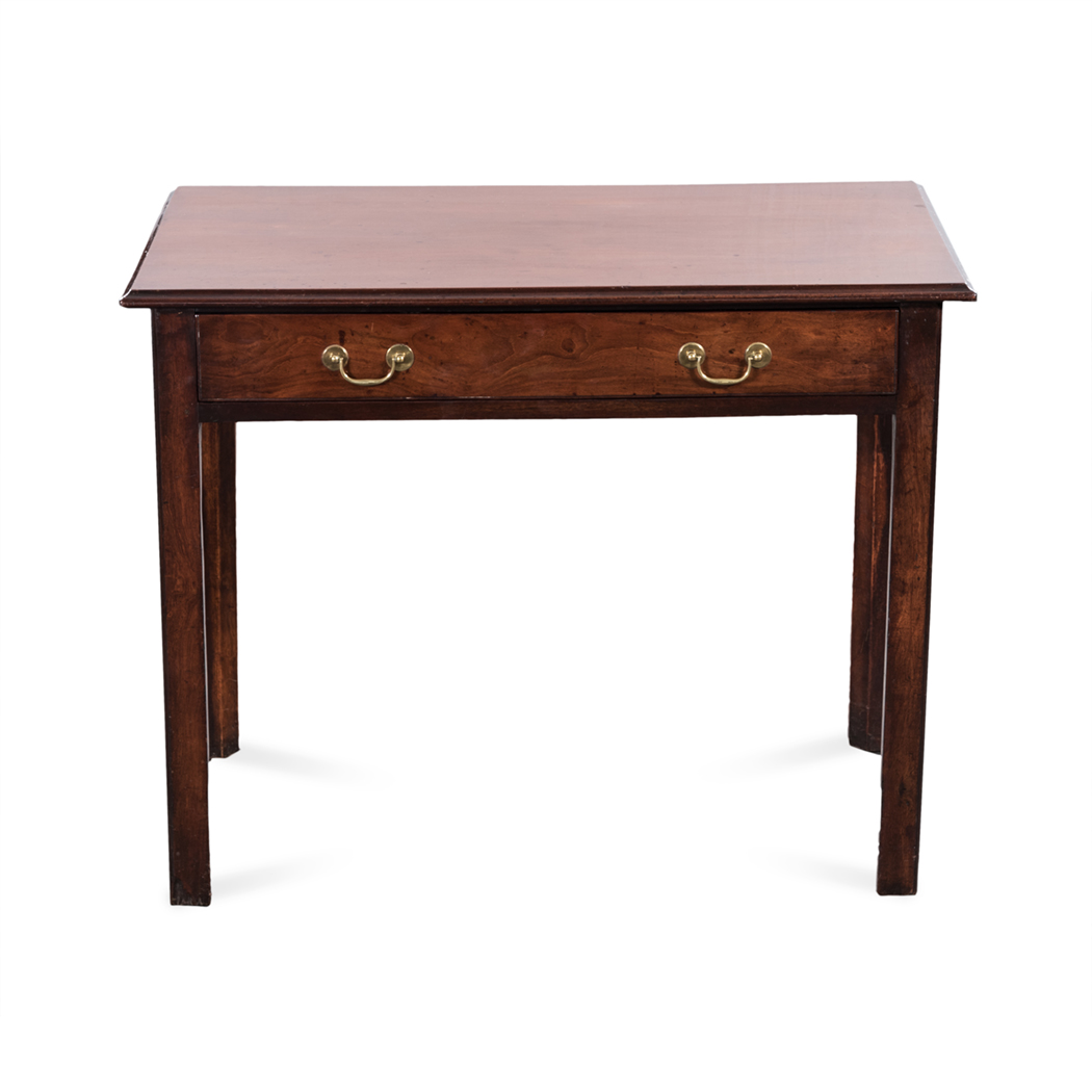 A GEORGE III MAHOGANY TABLE the moulded rectangular top above a long frieze drawer on square section