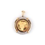 A COIN PENDANT the gold coin mounted in a frame of gold and pave set with diamonds