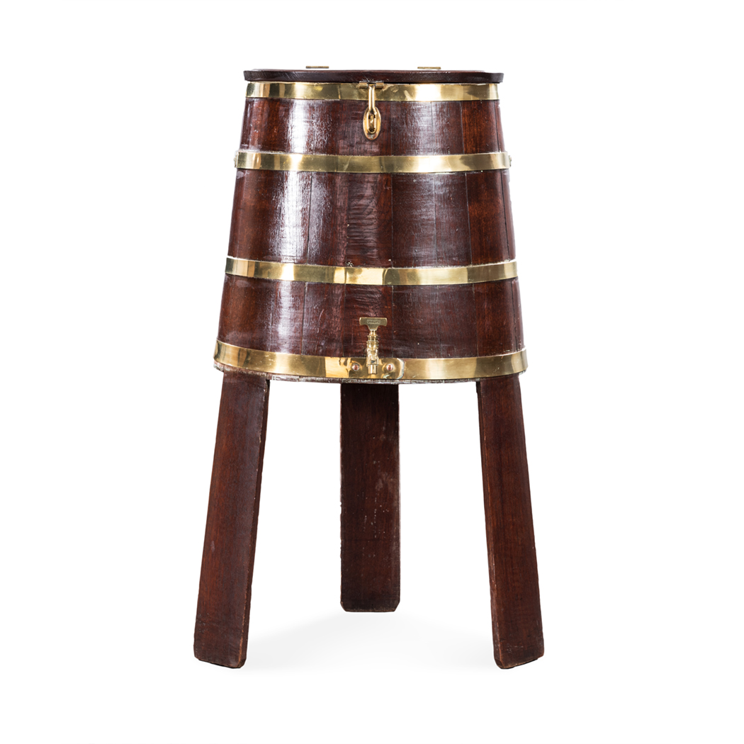 A TEAK AND BRASS BOUND WATER BARREL ON STAND the hinged cover above tapering sides on square section