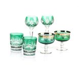 A MISCELLANEOUS COLLECTION OF GREEN CRYSTAL GLASSES comprising: 8 hock, 6 tumblers and 6 glass