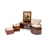 A MISCELLANEOUS GROUP OF TREEN BOXES, 19TH CENTURY comprising: a rectangular burr walnut music