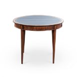 A GEORGE III WALNUT DEMI-LUNE CARD TABLE the hinged circular top enclosing a gilt-tooled leather