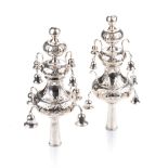 A PAIR OF GERMAN SILVER TORAH FINIALS, LATE 19TH CENTURY of baluster form engraved with roses and