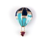 A JOAN RIVERS CRYSTAL HEART HOT AIR BALLOON BROOCH the blue enamel is styled as a hot air balloon